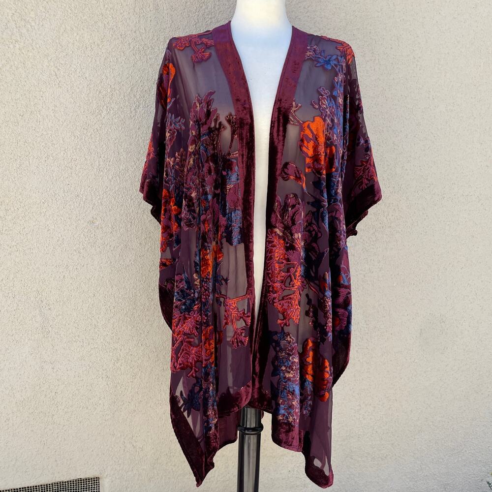 Torrid Maroon Burnout Kimono Robe Ruana Sheer Velvet Size 00 (M)